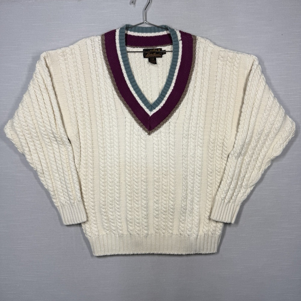 Vintage Eddie Bauer Sweater Men XL Tall Cable Knit‎ V Neck Tennis 90s READ